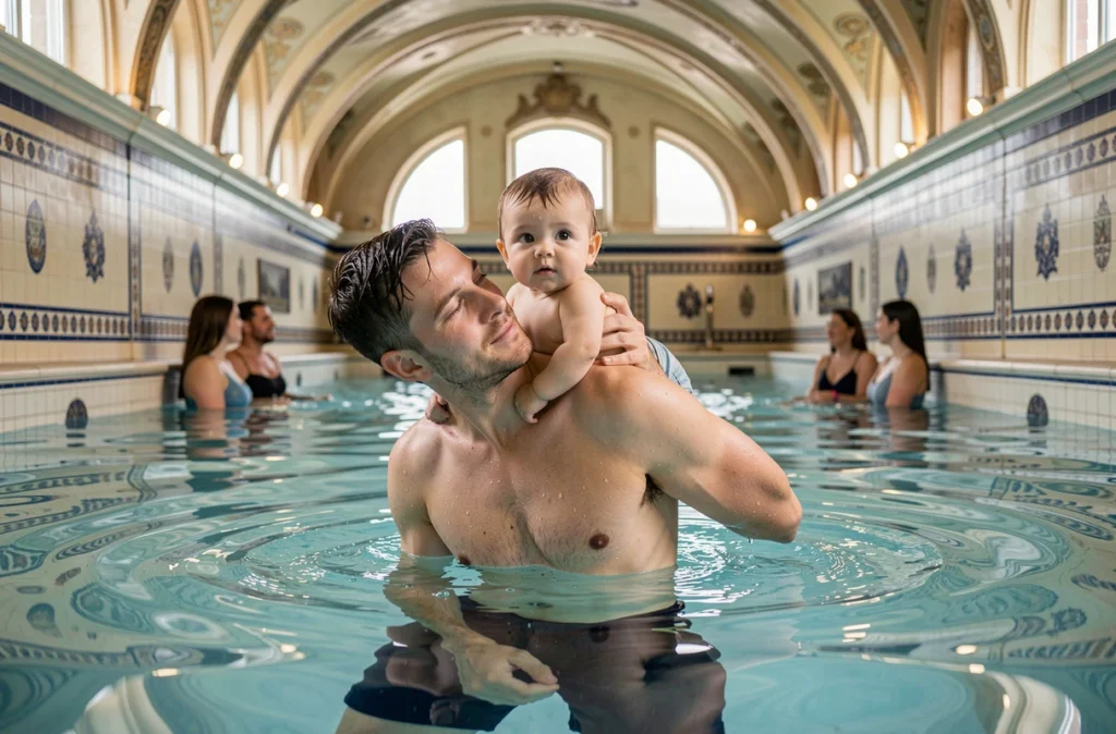Cours bébé nageur à l'Aquatic Club de Paris 6e, père soutenant son bébé dans le dos dans l'eau