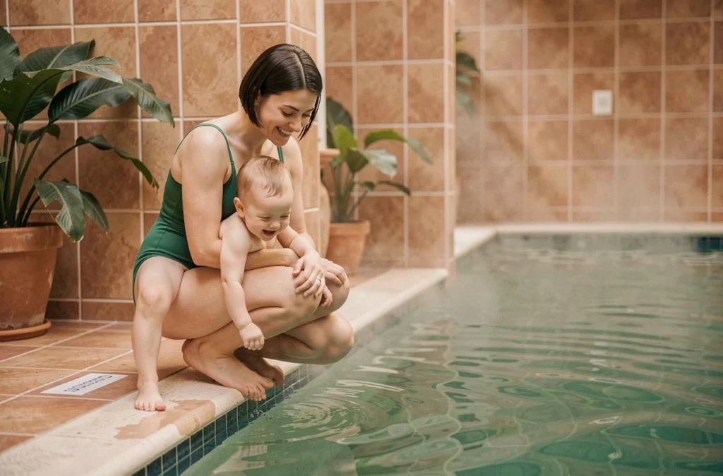 Association L'Enfant d'Eau Paris, jeune mère et bébé au bord du bassin lors d'une initiation aquatique
