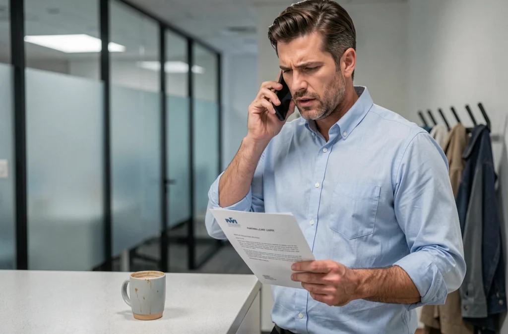 Père salarié en discussion téléphonique concernant son congé parental et sa rémunération, tenant un document officiel dans un couloir de bureau