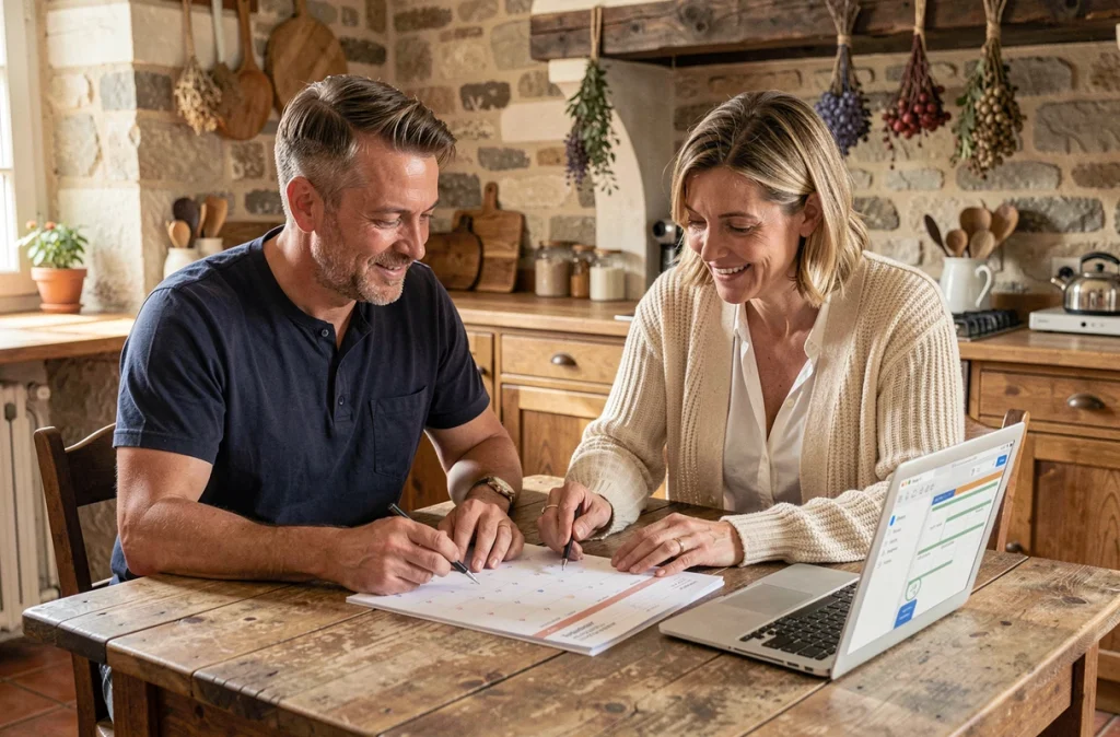 Couple organisant leurs vacances et congés 2026 avec un calendrier papier semaines paires impaires dans une cuisine