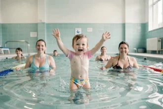 Des bébés nageurs avec leurs parents dans une piscine en Île-de-France lors d'un cours aquatique