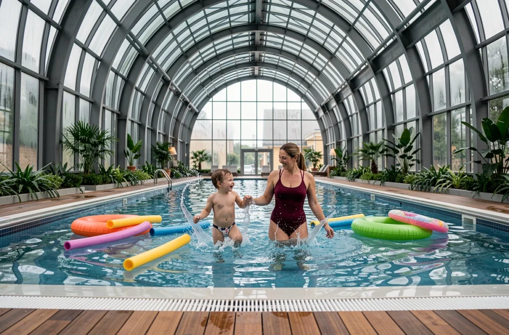 Les Grands Bains du Parisis Val Parisis, mère et bambin s'éclaboussant dans un grand complexe aquatique