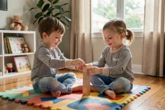 Deux jumeaux de 3 ans jouant ensemble avec des cubes en bois sur un tapis de jeu coloré dans un salon chaleureux