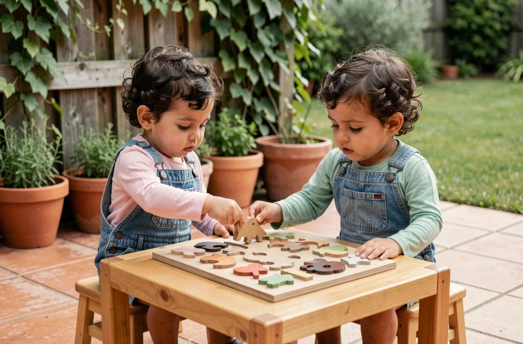 Deux jeunes frères jumeaux partageant un puzzle en bois sur une terrasse extérieure, favorisant la coopération et le partage