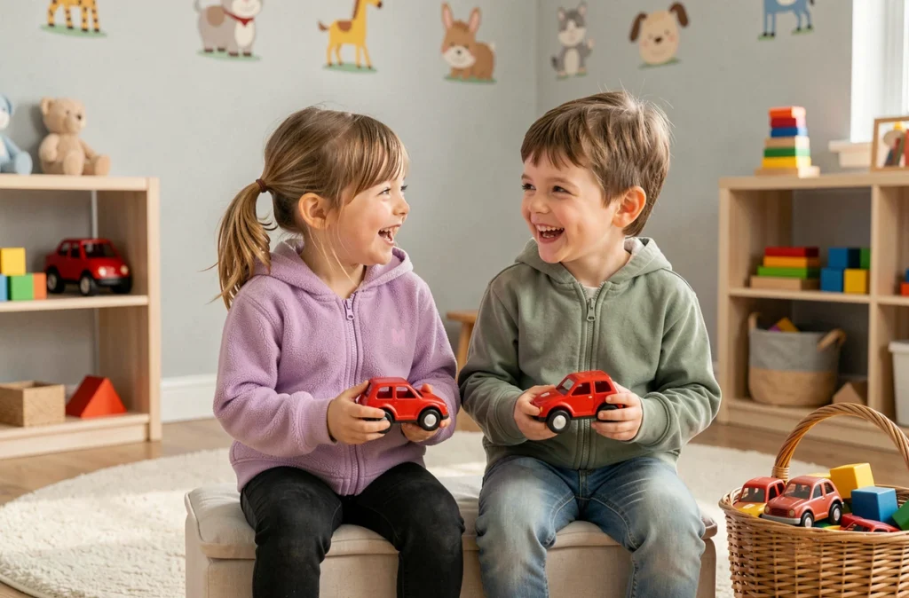Jumeaux de 3 ans jouant chacun avec une voiture identique dans une salle de jeux organisée, illustrant la stratégie des jouets en double pour éviter les disputes
