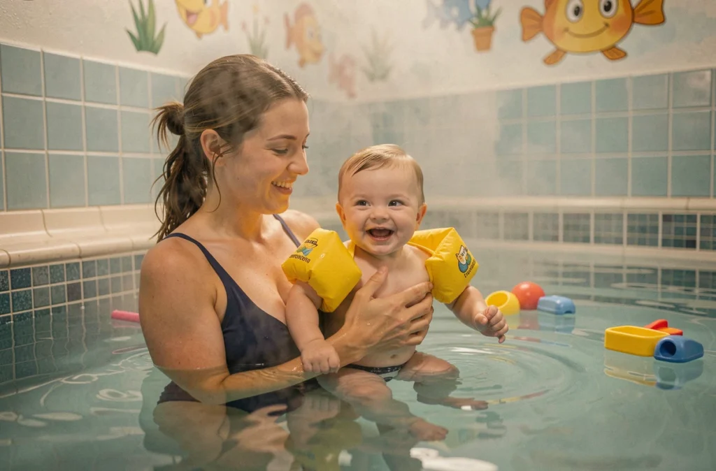 Cours de bébé nageur aux Petits Canards au Perreux-sur-Marne, mère tenant son bébé dans l'eau