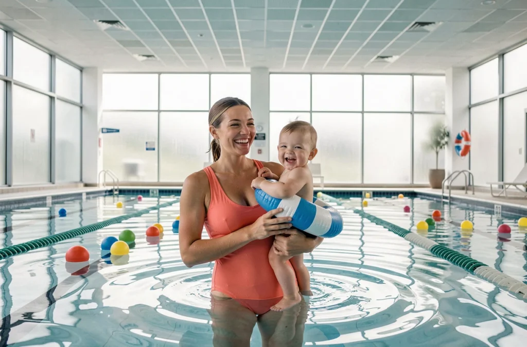 Séance bébé nageur à la piscine de Boulogne-Billancourt, mère avec son enfant et une nouille flottante