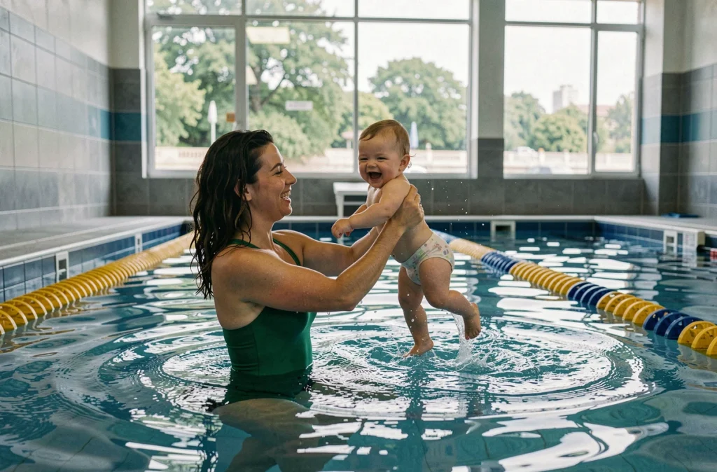 Piscine d'Herblay-sur-Seine, mère tenant son bébé à bout de bras dans l'eau lors d'un cours de natation