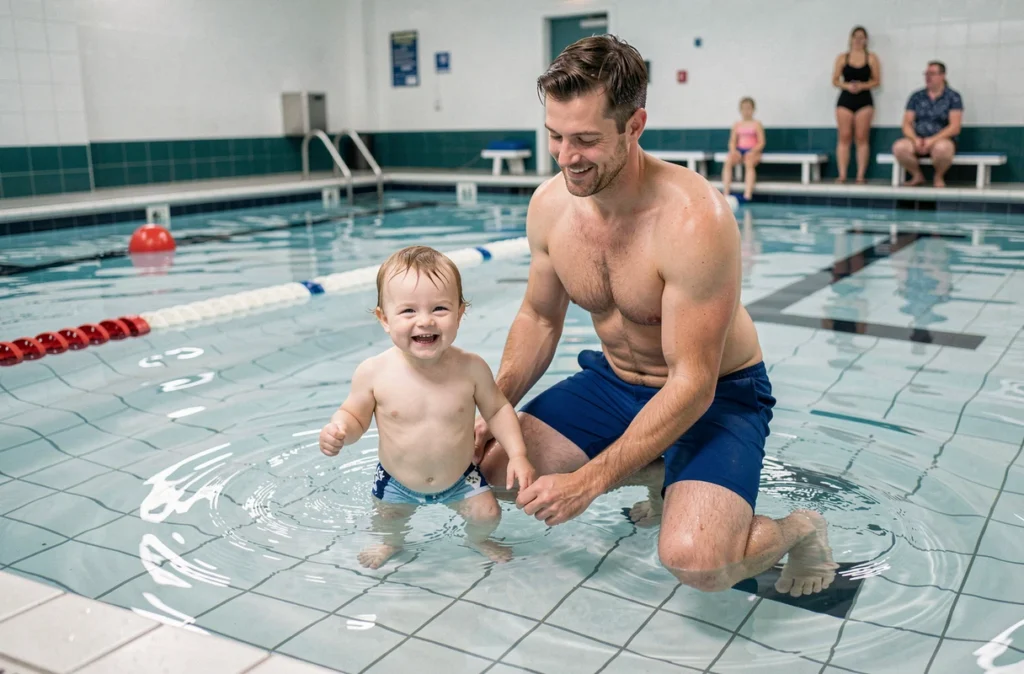 Piscine de Morangis, père aidant son tout-petit à se tenir debout dans le petit bain lors d'un cours aquatique