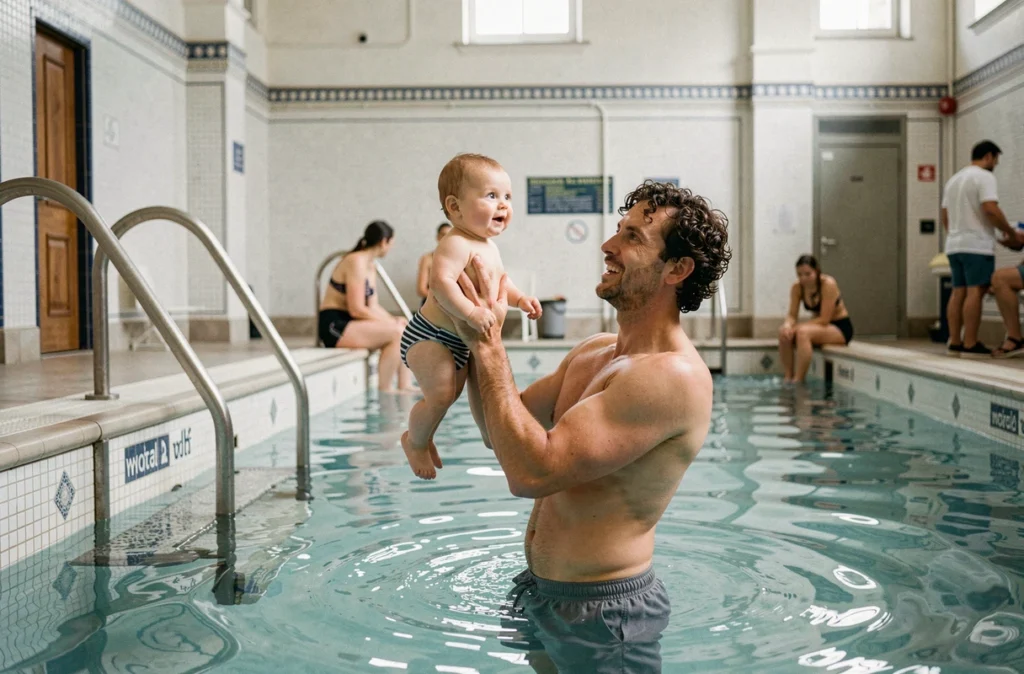 Cours bébé nageur à la piscine Yvonne Godard Paris, père tenant son bébé au-dessus de l'eau