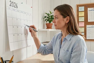Femme planifiant ses congés sur un calendrier 2026 avec semaines paires et impaires dans un bureau à domicile