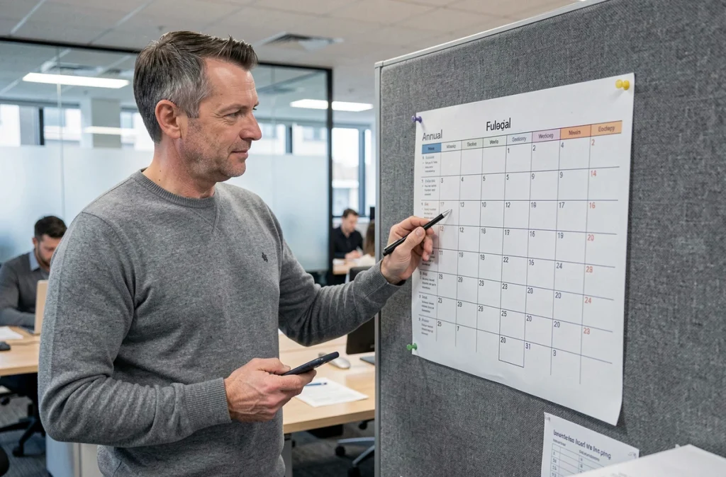 Homme d'affaires consultant un planning annuel 2026 avec jours fériés et semaines paires impaires au bureau