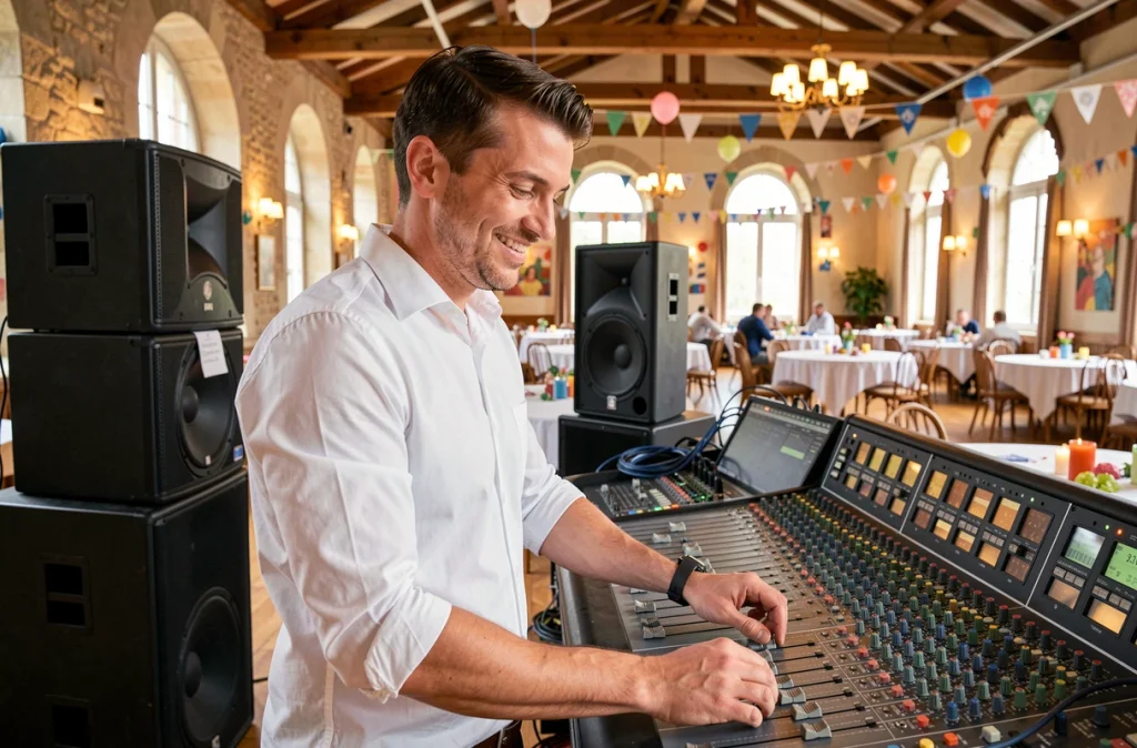Sdmusic, animateur musical professionnel devant son matériel de sonorisation lors d'un anniversaire en Centre-Val de Loire