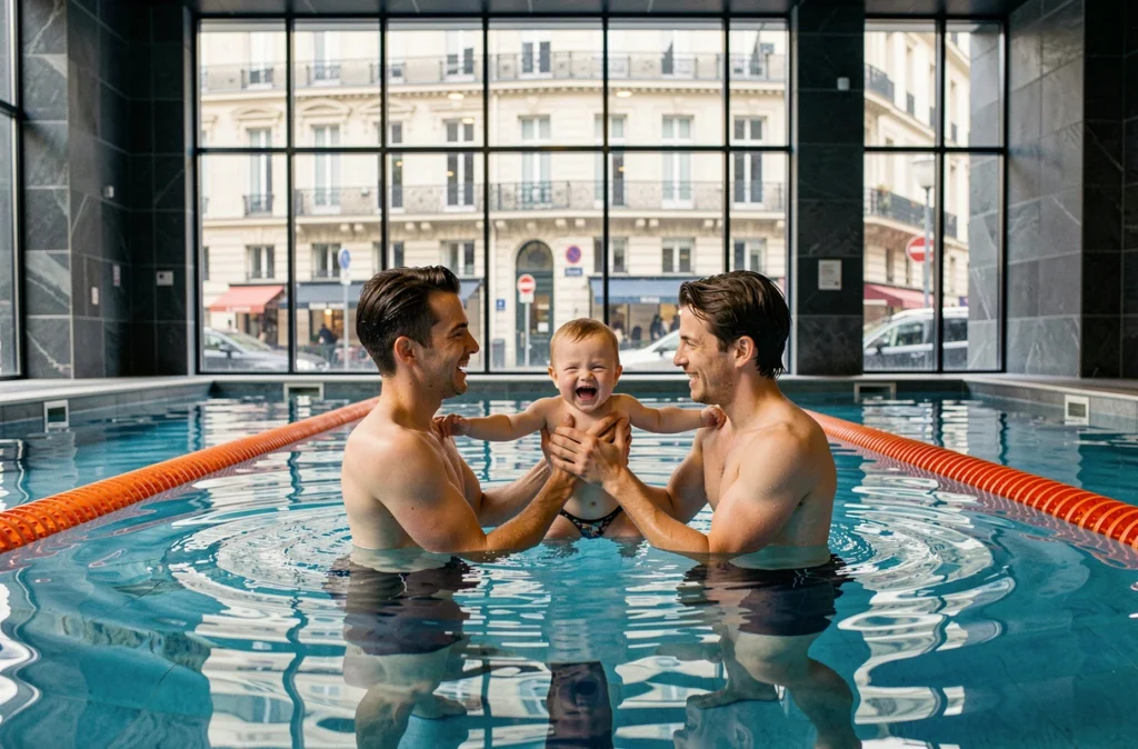 Swim Stars Paris 11e Oberkampf, couple avec bébé dans un bassin aquatique moderne pour cours de natation
