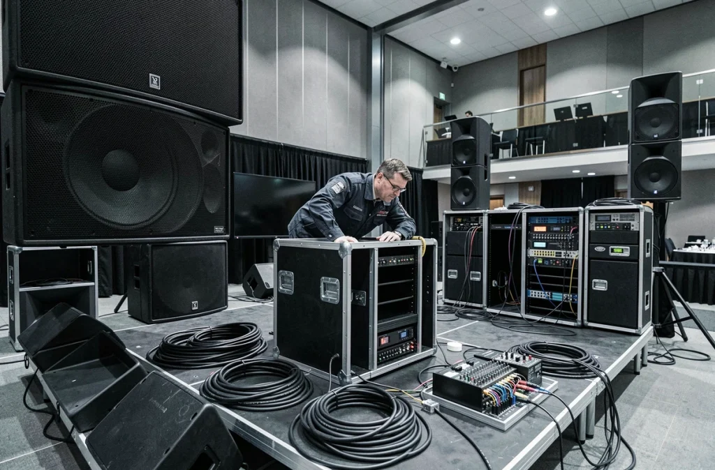 Volume 11, technicien-animateur installant un système de sonorisation professionnel pour un événement anniversaire