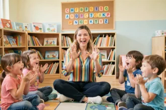 Animatrice d'atelier chantant la comptine 3 petits chats avec un groupe d'enfants en maternelle