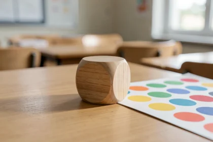 Dé en bois posé près de cartes à points colorées