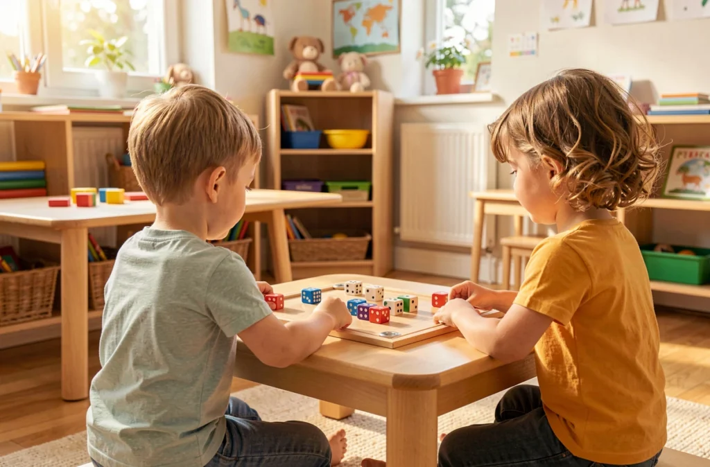 Deux enfants de maternelle jouant à un jeu de dés
