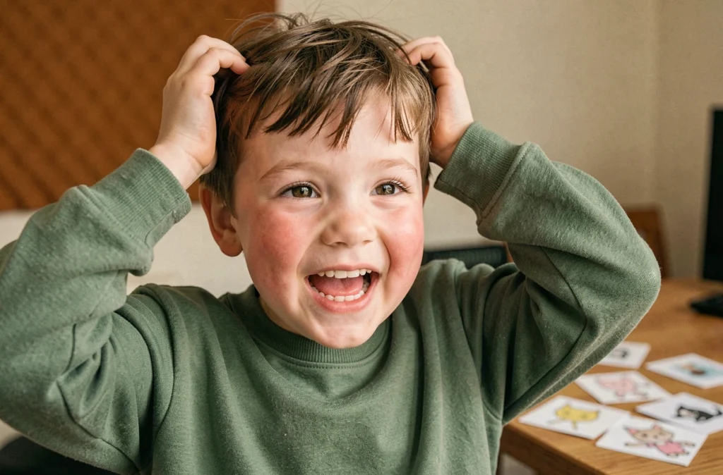 Enfant mimant les gestes de la chanson 3 petits chats lors d'un atelier musical